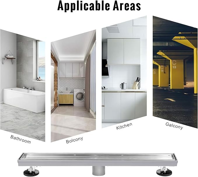 SaniteModar Linear Shower Drain 28 inch Brushed with Tile Insert Panel | AISI 304 Stainless Steel Brushed Linear Dain Rectangle Shower Floor Drain with Hair Strainer and Leveling Feet