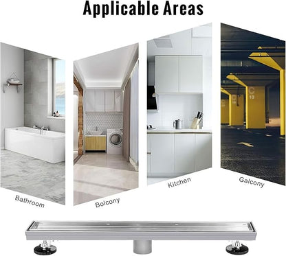SaniteModar Linear Shower Drain 54 inch Brushed with Tile Insert Panel | AISI 304 Stainless Steel Brushed Linear Dain Rectangle Shower Floor Drain with Hair Strainer and Leveling Feet