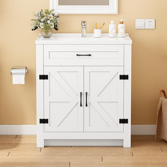 Bathroom Vanity, 32" Bathroom Vanity with Ceramic Sink, Farmhouse Bathroom Vanity Cabinet for Small Space, Freestanding Storage Cabinet with Shelf, 2 Doors, Easy Assembly