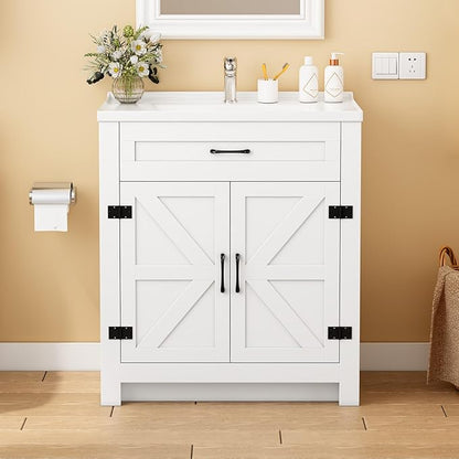 Bathroom Vanity, 24" Bathroom Vanity with Ceramic Sink, Farmhouse Bathroom Vanity Cabinet for Small Space, Freestanding Storage Cabinet with Shelf, 2 Doors, Easy Assembly