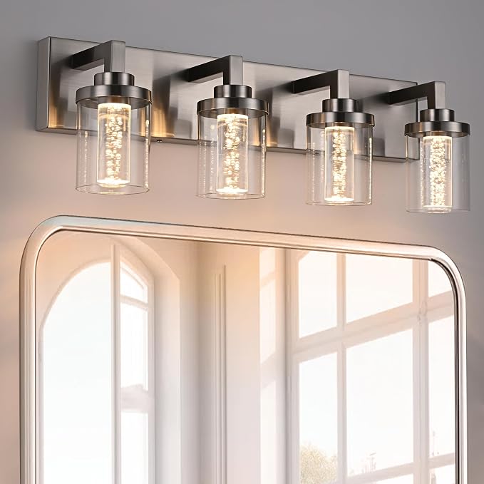 MELUCEE 4-Light LED Bathroom Lighting Fixtures Brushed Nickel 3000K-6000K | Dimmable LED Vanity Light for Bathroom 5CCT Bubble Crystal Bath Wall Lights with Clear Glass Shade, Built-In Led Chips
