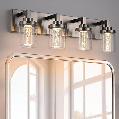 MELUCEE 4-Light LED Bathroom Lighting Fixtures Brushed Nickel 3000K-6000K | Dimmable LED Vanity Light for Bathroom 5CCT Bubble Crystal Bath Wall Lights with Clear Glass Shade, Built-In Led Chips