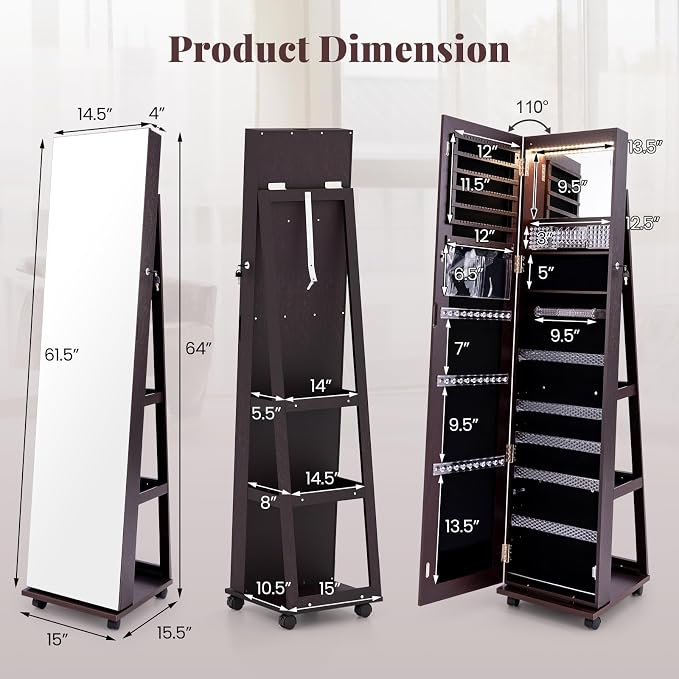 GOFLAME Jewelry Cabinet with Full Length Mirror, Lockable Jewelry Storage Organizer with Wheels, 3-Color LED Lights, Inner Mirror, Freestanding Jewelry Armoire with Rear Storage Shelves, Espresso