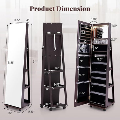 GOFLAME Jewelry Cabinet with Full Length Mirror, Lockable Jewelry Storage Organizer with Wheels, 3-Color LED Lights, Inner Mirror, Freestanding Jewelry Armoire with Rear Storage Shelves, Espresso
