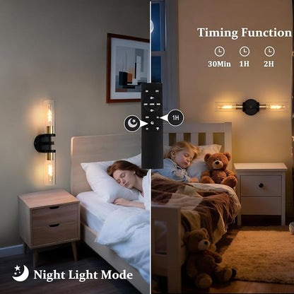 Shenmoyl Set of 2 Wall Sconces, 7800 mAh Battery Operated Wall Sconce with 3 Colors & Remote Control, Black Gold Rechargeable Wall Lamp with Clear Glass Shade for Bedroom, Bathroom, Stairwell, Hallway