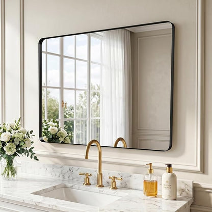40"x30" Bathroom Vanity Mirror for Wall Aluminum Framed Farmhouse Rectangle | Anti-Rust, HD Reflection Anti-Desilvering, Distortion Free, Tempered and Shatter-Proof Wall Mounted Mirror, Black
