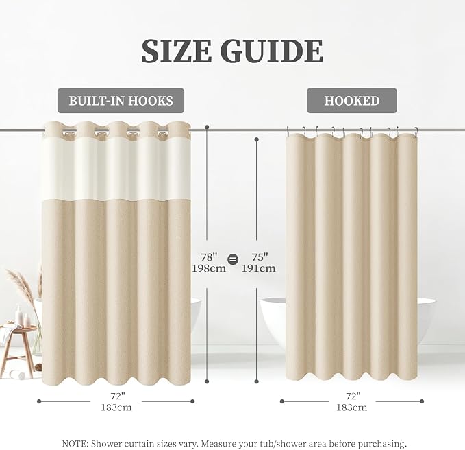 72x78 Ringless Linen Textured Shower Curtain with Snap in Liner, Cream | Long Size, 3 in 1 Shower Curtain Set, Removable Liner, Waterproof & Washable, Mesh Top Window, Durable Fabric, Easy Setup
