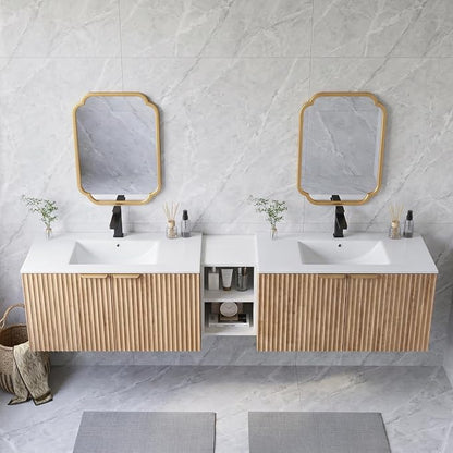 84 Inch Floating Bathroom Vanity with Double Sink, Bathroom Double Sink Cabinet with Soft Close Door Waterproof Storage, Wood Color(wt)