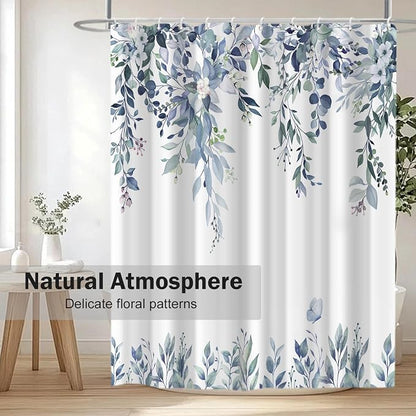 Blue Floral Eucalyptus Shower Curtain with Hooks, 72x78 Inch | Waterproof Fabric, Watercolor Leaves and Floral, Botanical Style, Machine Washable, Quick-Drying, for Hotel Bathroom