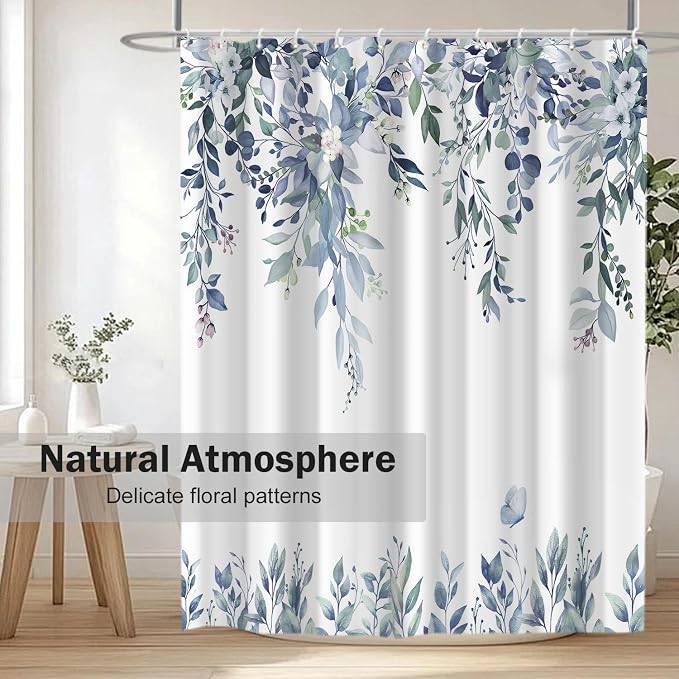 Eucalyptus Shower Curtains for Bathroom, Blue Watercolor Leaves with Floral Shower Curtain Sets with Hooks, Waterproof Fabric Botanical Bathroom Decor, 72x84 Inches