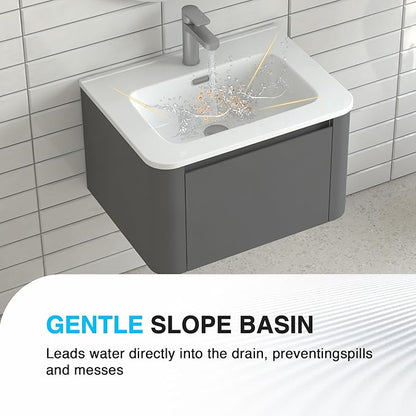 Floating Bathroom Vanity with Sink, Nature Soild Wood Cabinet with Ceramic Basin, Extra Large Storage Drawer & Pre-Assembled Vanities for Bathroom, Powder Room (Grey A Style, 24")