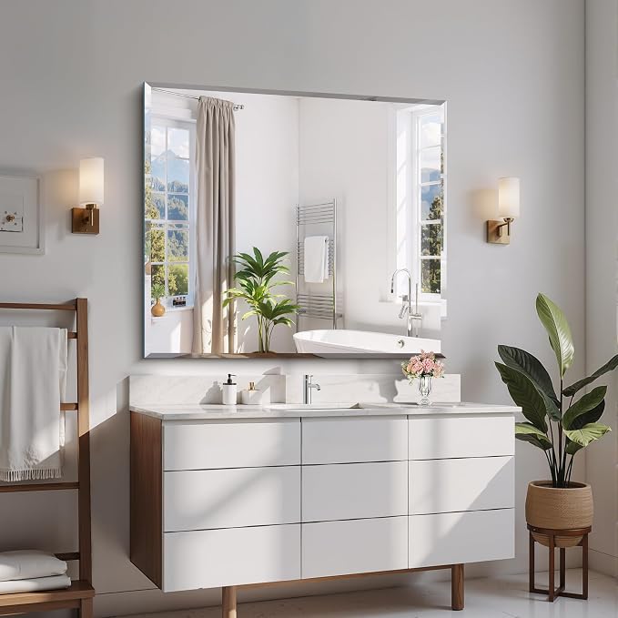 CILIBER Beveled Bathroom Mirror, 36x40 Large Bathroom Mirrors for Over Sink, 3mm Tempered Glass Beveled Frameless Vanity Mirror for Bathroom, Bedroom, Living Room and Entryway