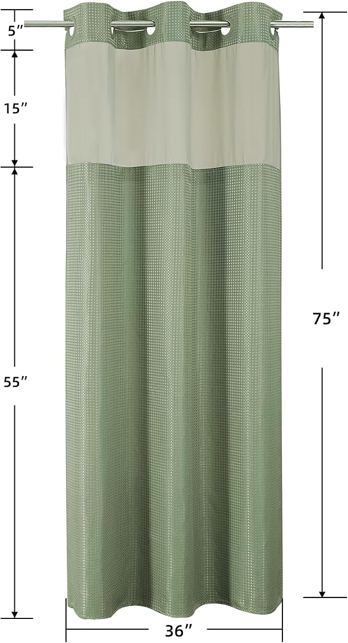 Colorful Star Sage Green No Hook Waffle Shower Curtain Set, 36 x 75 Inch | Waterproof Shower Curtain with Snap in Fabric Liner and Mesh Top Window, Hotel Style Heavy Duty Thick Bathroom Curtain