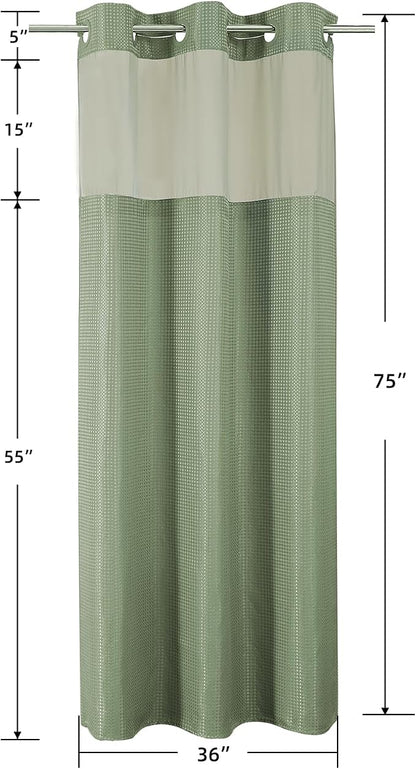 Colorful Star Sage Green No Hook Waffle Shower Curtain Set, 36 x 75 Inch | Waterproof Shower Curtain with Snap in Fabric Liner and Mesh Top Window, Hotel Style Heavy Duty Thick Bathroom Curtain