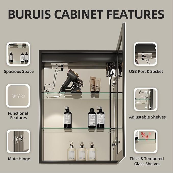 Buruis 20 x 28 Inch Medicine Cabinet with LED Lights and Mirror, Recessed/Wall Mounted Bathroom Cabinet, 3-Color Light, Defogger, Memory Function, Outlet & USB, Dimmer, Black