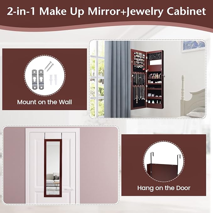 COSTWAY 12 LEDs Mirror Jewelry Cabinet, Wall/Door Mounted Jewelry Organizer Cabinet with 53.5” Full Length Mirror & Large Storage Capacity, Lockable Jewelry Armoire for Women Girls (Brown)