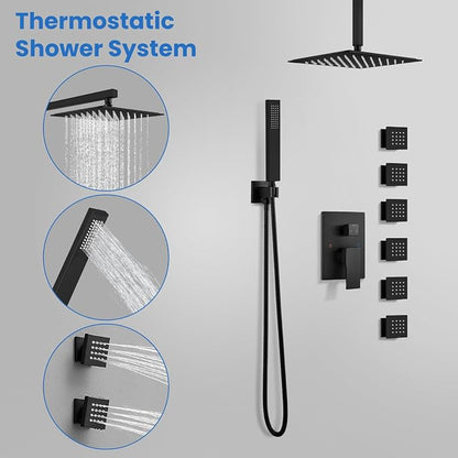 gotonovo Rainfall Shower System with Full Body Jets 6pcs Matte Black | 12’’ Rainfall Shower Head with Handheld Spray Combo,Wall Mount,Rough-in Valve and Trim Kit,Brass Body Message Jets,All Metal