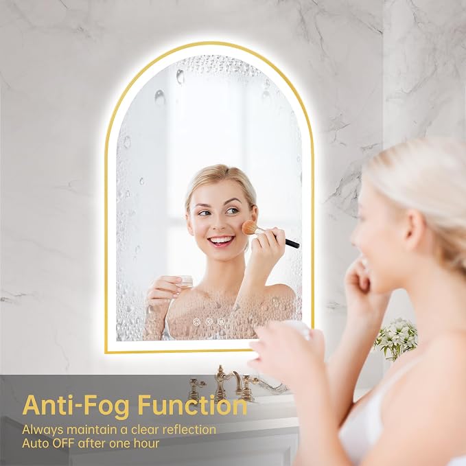 24"x32" Arched LED Lighted Bathroom Mirror with Lights | Gold Aluminum Frame, Fogless, Dimmable, Shatterproof, Touch Sensor, 3 Color Changing