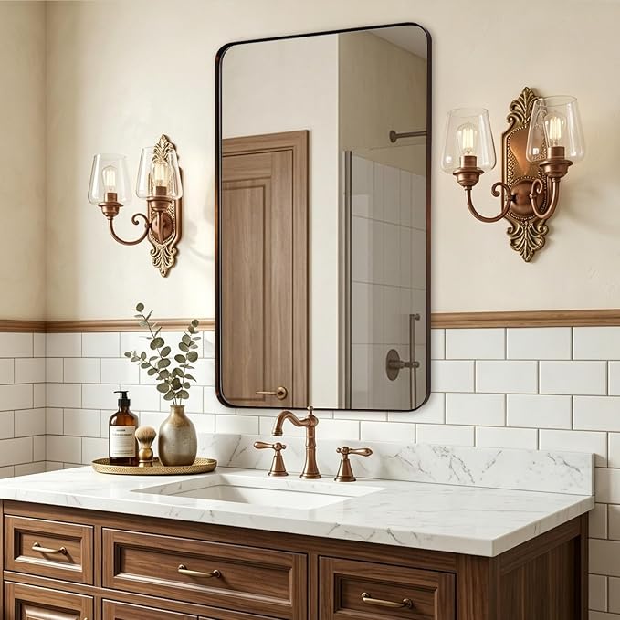 Bronze Bathroom Mirror for Wall, 24X40” Bronze Wall Mirror for Vanity, Rounded Rectangle Mirror, Oil Rubbed Bronze Metal Modern Stainless Steel Frame, Hang Vertically or Horizontally