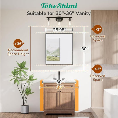 TokeShimi 26x30 Recessed or Surface Mounted Medicine Cabinet Mirror, Aluminum Framed Metal Mirror with Storage Adjustable, Brushed Nickel Bathroom Medicine Cabinet Mirrored Beveled Modern
