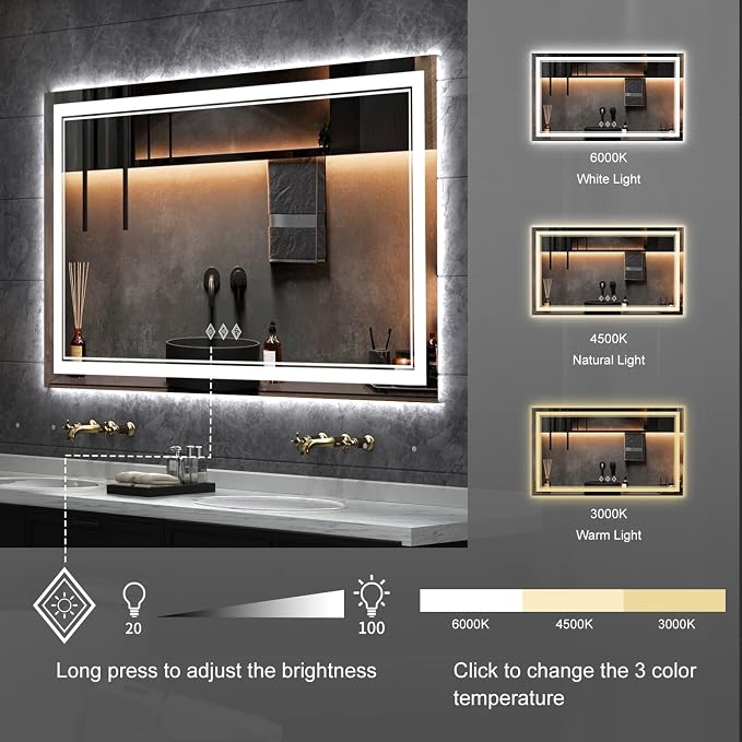 LED Vanity Mirror, 48x30 Inch Gradient Front and Backlit LED Mirror for Bathroom, 3 Colors Dimmable CRI>90 Double Lights, IP54 Enhanced Anti-Fog, Hanging Plates Wall Mount Lighted Mirror