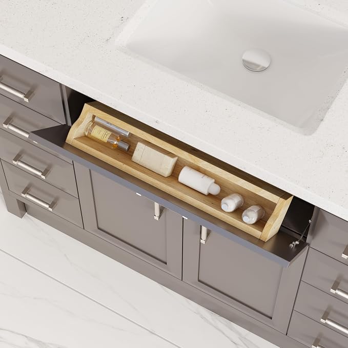 Capri III 48" Single Sink Bathroom Vanity With Stealth Organizer, Solid Wood Bathroom Cabinet with Engineered Stone Countertop & Backspalsh, Soft Closing Door & Drawer, Pre-Assembled, Mink