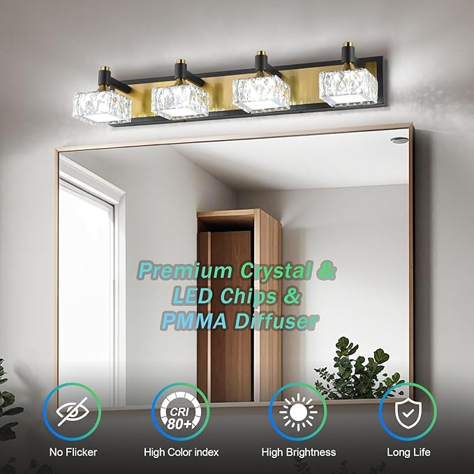 4-Light Bathroom Vanity Light Dimmable, 24W LED Bathroom Lighting Fixtures Over Mirror, Gold Black Wall Sconce with Crystal Shade for Daylight Illumination
