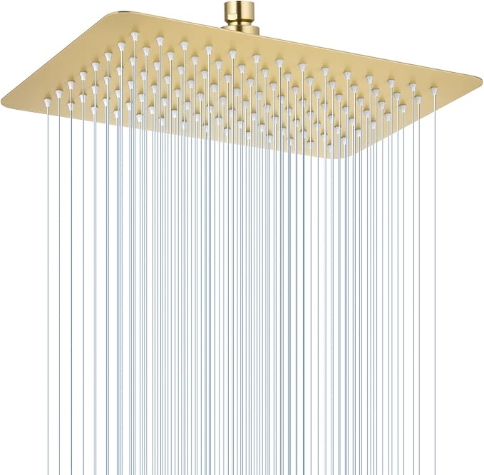 12 x 8 Inch Rectangle Rain Shower Head Brushed Gold, All Metal Stainless Steel 304, Full Body Rainfall Shower with 112 Silicone Nozzles, High Flow Waterfall Showerheads