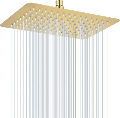 12 x 8 Inch Rectangle Rain Shower Head Brushed Gold, All Metal Stainless Steel 304, Full Body Rainfall Shower with 112 Silicone Nozzles, High Flow Waterfall Showerheads