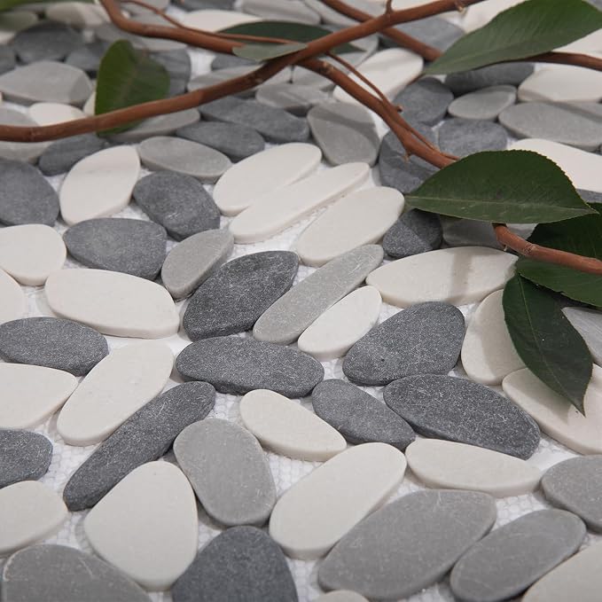 Grey Pebble Tile for Shower Floor, 12"x12" Backsplash Tiles, 5 SqFt | Slip-resistant Sliced Pebble Mosaic for Bathroom, Kitchen, Walls & Outdoor Areas, Mesh-Backed Easy to Install, Long Oval