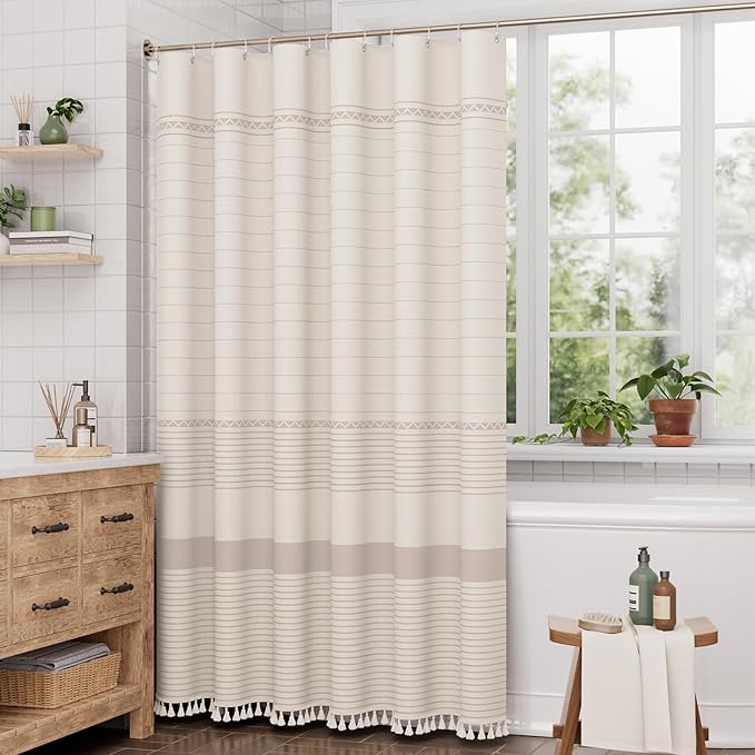 AmazerBath Boho Shower Curtain, Modern Farmhouse Shower Curtain Set with Tassels, Rustic Faux Linen Pink Striped Shower Curtain with Hooks, Light Tan Toned, 72x72 Inches