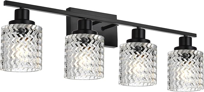 MELUCEE 4 Lights Black Bathroom Light Fixtures with Hammered Glass Shade | Indoor Metal Vanity Light Wall Lights for Powder Room Hallway Kitchen, E26 Base