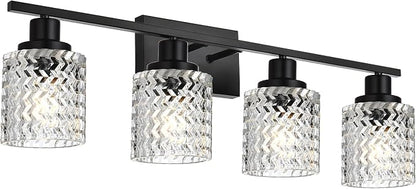 MELUCEE 4 Lights Black Bathroom Light Fixtures with Hammered Glass Shade | Indoor Metal Vanity Light Wall Lights for Powder Room Hallway Kitchen, E26 Base