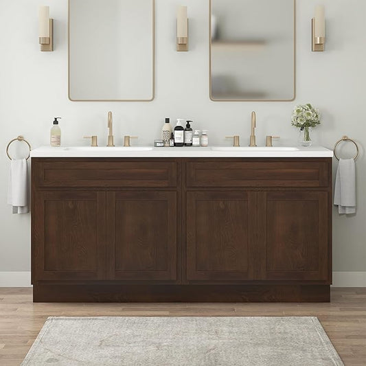 Vanity Art 66 Inch Bathroom Base Cabinet Only, Double Sink Top (Not Include Sink) with Door & Soft Close Hinge, Unassembled Floor Cabinet, Brown, 2ea 33 Inch Combo
