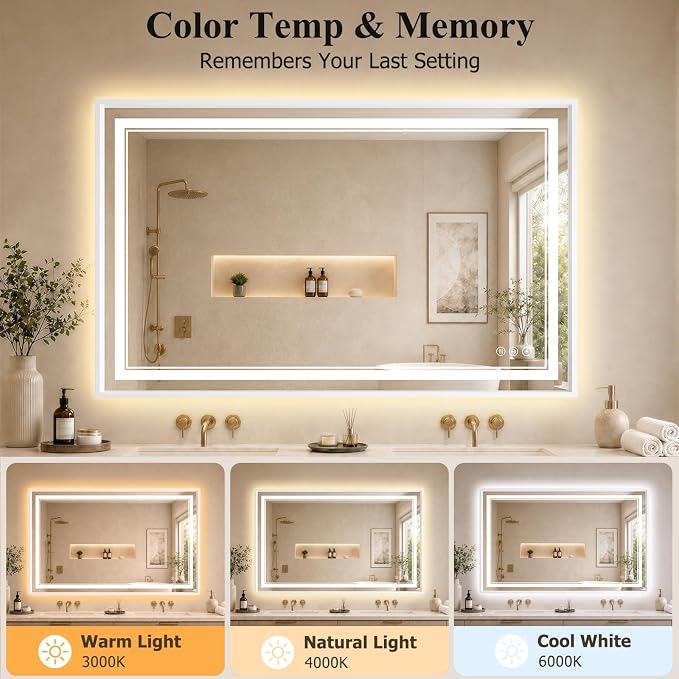 30"x48" LED Bathroom Mirror with Lights, Backlit + Front Lit, Anti-Fog | Lighted Bathroom Mirror with One-Piece Aluminum Alloy Frame, HD Shatterproof Tempered Glass, Dimmable, Memory Function
