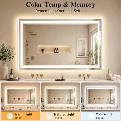 30"x48" LED Bathroom Mirror with Lights, Backlit + Front Lit, Anti-Fog | Lighted Bathroom Mirror with One-Piece Aluminum Alloy Frame, HD Shatterproof Tempered Glass, Dimmable, Memory Function