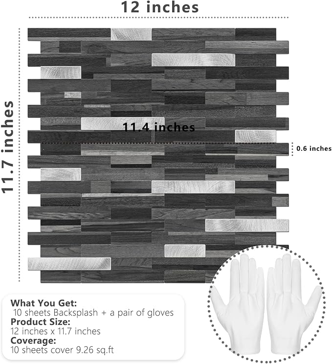 STICKGOO Peel and Stick Backsplash Tile, Stick on Backsplash for Kitchen and Bathroom, Black Grey Wood Look PVC Mixed Metal Silver Self Adhesive Wall Tiles(10 Sheets)