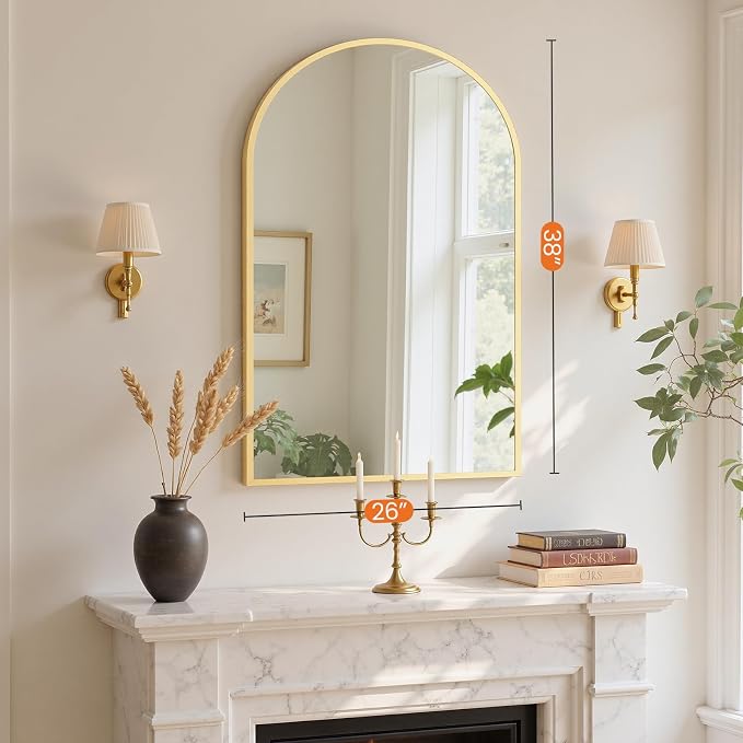 Sweetcrispy 26"x38" Arched Bathroom Mirror, Bathroom Mirrors for Over Sink | Modern Wall Mirrors Arch Decorative for Entryway, Bedroom, Vanity,Horizontal or Vertical Hanging, Gold