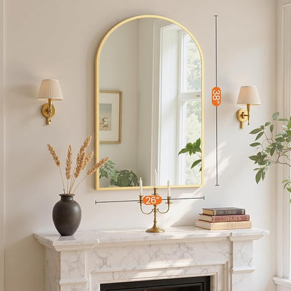 Sweetcrispy 26"x38" Arched Bathroom Mirror, Bathroom Mirrors for Over Sink | Modern Wall Mirrors Arch Decorative for Entryway, Bedroom, Vanity,Horizontal or Vertical Hanging, Gold
