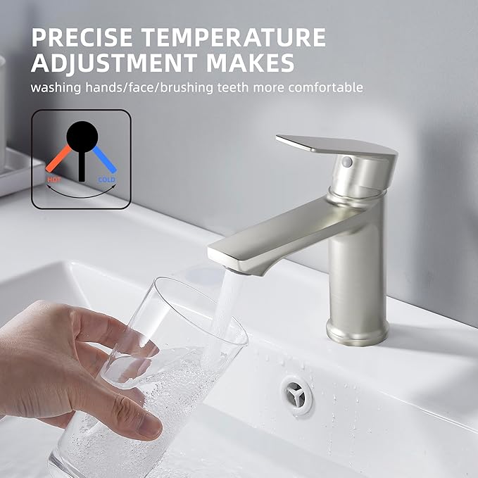 BELZ 2-Pack Brushed Nickel Bathroom Faucet, Modern Single Handle Set of 2 Sink Faucets for Single Hole Vanity, Tool-Free 15-Min Install, Spot-Resistant Finish, Pre-Installed 24" Supply Lines