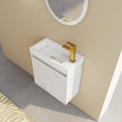 20" Small Floating Bathroom Vanity with White Marble Grain Flat Door and Storage