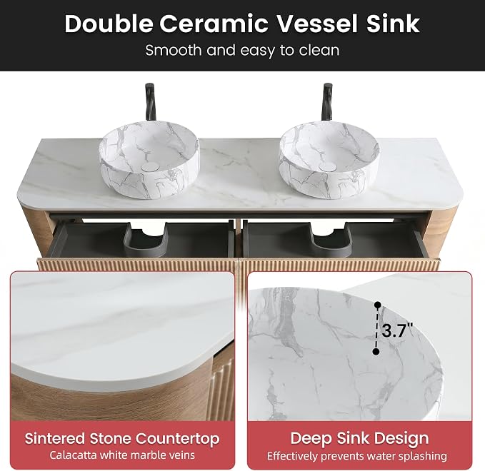 72" Floating Bathroom Vanity with Carrara Finish Sink, Honey Oak | Pre-Assembled Fluted Wall Mounted Double Sink Vanity with Sintered Stone Countertop, Soft-Close Drawers & Towel Rack