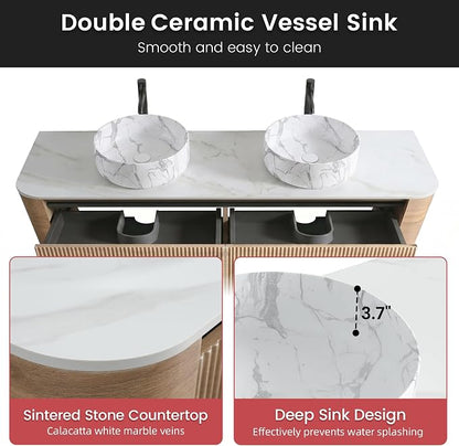 72" Floating Bathroom Vanity with Carrara Finish Sink, Honey Oak | Pre-Assembled Fluted Wall Mounted Double Sink Vanity with Sintered Stone Countertop, Soft-Close Drawers & Towel Rack