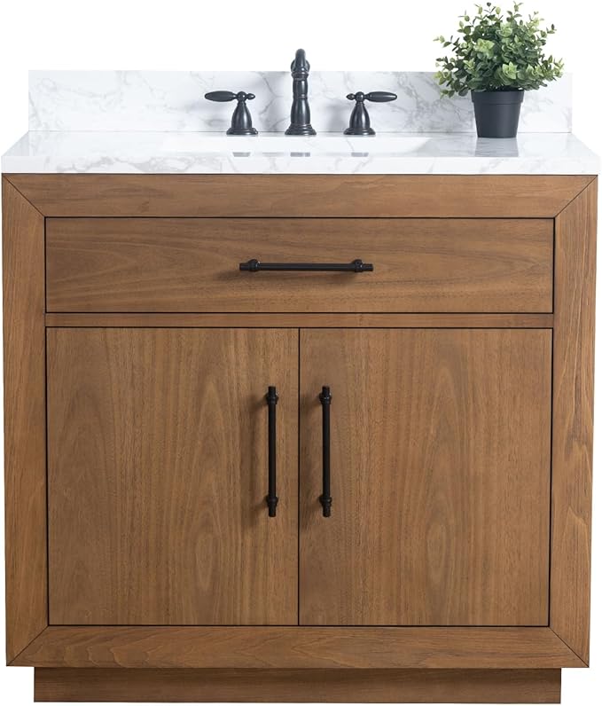 Vanity Art 36 inch Bathroom Vanity with Sink, Vanity Cabinet with Doors and Removable Shelf, Modern Wood Cabinet with White Marble Top, Solid Wood Frame, Ceramic Sink VA70-36-T-E