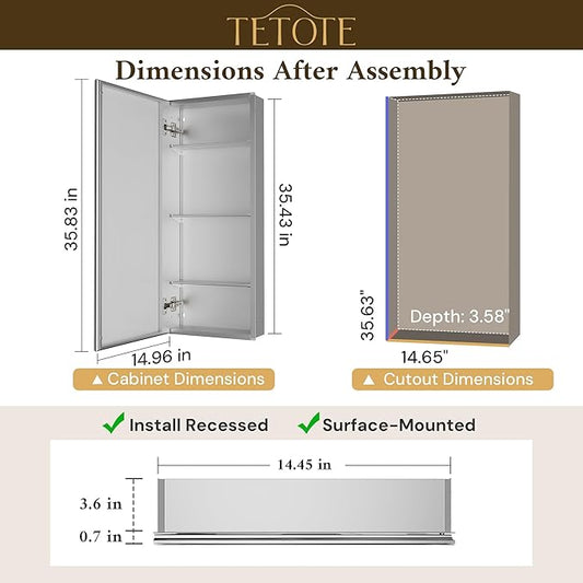 TETOTE 15 x 36 Mirrored Medicine Cabinets for Bathroom with Tempered Beveled MirrorSilverMedicine Cabinet Aluminum Cabinet DTC Hinges, Stepless Adjustable Shelves, Recessed/Surface-Mounted