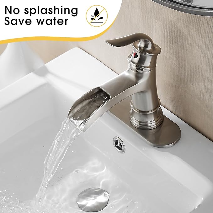 FRANSITON Waterfall Faucet Bathroom Faucet Single Handle One Hole Brushed Nickel Finish Large Spout Lavatory Faucets (Brushed Nickel)
