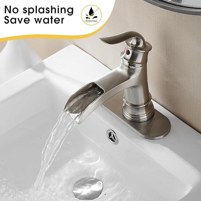 FRANSITON Waterfall Faucet Bathroom Faucet Single Handle One Hole Brushed Nickel Finish Large Spout Lavatory Faucets (Brushed Nickel)