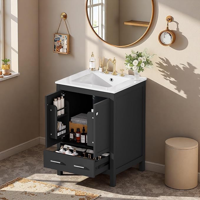 24" Freestanding Bathroom Vanity with Sink, Floor Stand Bathroom Storage Cabinet with Ceramic Sink, Doors with Double-Layered Storage Shelves, Modern Compact Vanity with Divided Drawer, Black