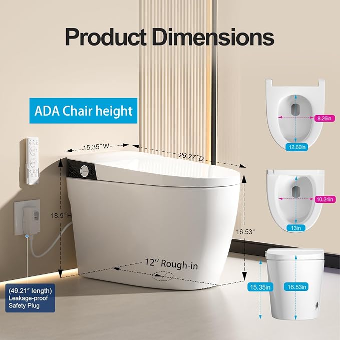 Smart Toilet with Bidet Built in, Elongated Bidet Toilet with Auto Soft Open/Close, Auto Flush, One Piece Toilet with Warm Wash & Dryer, Heated Seat, LED & Night Light, Self-Cleaning, Full/Half Flush