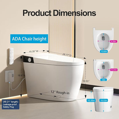 Smart Toilet with Bidet Built in, Elongated Bidet Toilet with Auto Soft Open/Close, Auto Flush, One Piece Toilet with Warm Wash & Dryer, Heated Seat, LED & Night Light, Self-Cleaning, Full/Half Flush